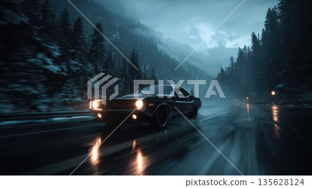 Dark muscle car racing through a snowy mountain road under a moody twilight sky 135628124