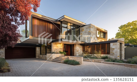 Modern architectural masterpiece surrounded by lush greenery in the golden hour glow 135628151