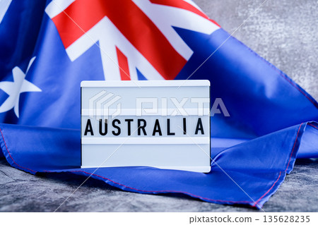 Minimal patriotic scene with signboard and waving flag message AUSTRALIA with national colors Festive with Aussie flag and message board with text AUSTRALIA Minimal patriotic scene with signboard and waving flag message AUSTRALIA with national colors Festive with Aussie flag and message board with text AUSTRALIA 135628235