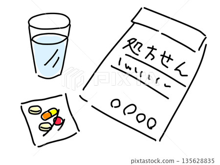 處方、藥片和一杯水的插圖 135628835