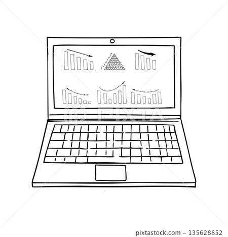 Bar charts on laptop display line art. Monochrome vector graph report with ascending or descending columns and dynamic arrows indicating growth or decline showing online on notebook illustration Bar charts on laptop display line art. Monochrome vector graph report with ascending or descending columns and dynamic arrows indicating growth or decline showing online on notebook illustration 135628852
