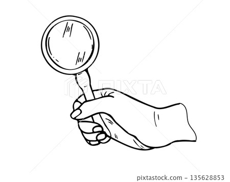 Hand holding magnifying glass monochrome vector illustration painted by black inks. Detective or investigator tool with handle l ready for observation or search for something outline line art 135628853