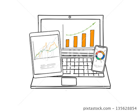 Tracking the dynamics of changes in economic and financial indicators on laptop, smartphone and tablet screens vector illustration. Front view. Colored graphs showing different trends and dynamics. Tracking the dynamics of changes in economic and financial indicators on laptop, smartphone and tablet screens vector illustration. Front view. Colored graphs showing different trends and dynamics. 135628854