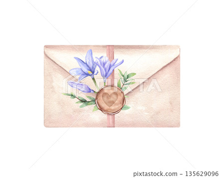 Watercolor paper envelope tied with ribbon and sealed with round wax and blue wildflowers illustration on isolated background. Vintage romantic close letter ready for sending with spring flowers. 135629096