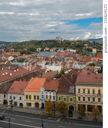 Aerial View of Cluj-Napoca Cityscape with Historic Red Rooftops 135629173