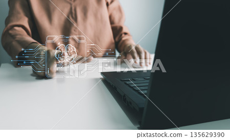 AI technology, Artificial Intelligence, Chatbot Chat and talk with AI, Using laptop for search and find data by command prompt, robot learning machine create or generate picture or article auto 135629390