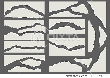 Torn paper with rough edges. Pieces of ripped sheets. Notebook fragments for scrapbooking and collage design. Vintage textured details for templates. Realistic patch elements. Vector set. Torn paper with rough edges. Pieces of ripped sheets. Notebook fragments for scrapbooking and collage design. Vintage textured details for templates. Realistic patch elements. Vector set. 135629393