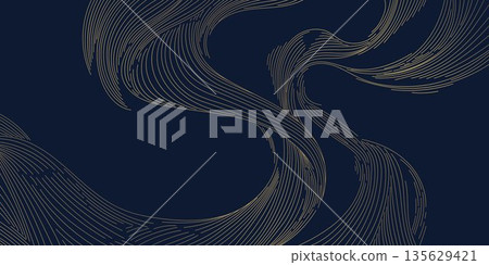 Luxury abstract wave pattern, elegant gold lines on dark background. Premium Japanese vector design, flow curves, geometric elements, wine label, packaging, wedding, posters, wallpaper. 135629421