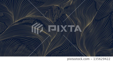 Luxury abstract wave pattern, elegant gold lines on dark background. Premium Japanese vector design, flow curves, geometric elements, wine label, packaging, wedding, posters, wallpaper. 135629422