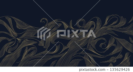 Luxury abstract wave pattern, elegant gold lines on dark background. Premium Japanese vector design, flow curves, geometric elements, wine label, packaging, wedding, posters, wallpaper. Luxury abstract wave pattern, elegant gold lines on dark background. Premium Japanese vector design, flow curves, geometric elements, wine label, packaging, wedding, posters, wallpaper. 135629426