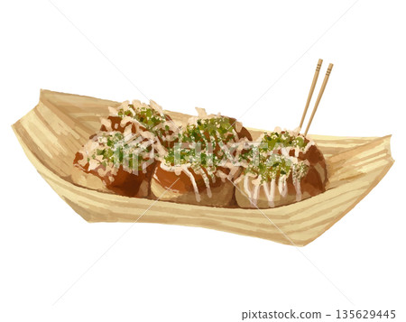 在小吃攤和節慶慶典上可以買到的章魚燒插圖 在小吃攤和節慶慶典上可以買到的章魚燒插圖 135629445