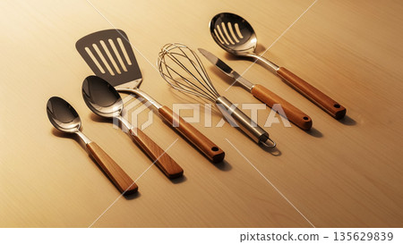 Set of Modern Kitchen Utensils Wooden Handles Spatula Spoon Whisk on Cutting Board Kitchen Interior Background 135629839