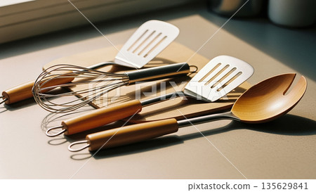 Set of Modern Kitchen Utensils Wooden Handles Spatula Spoon Whisk on Cutting Board Kitchen Interior Background 135629841