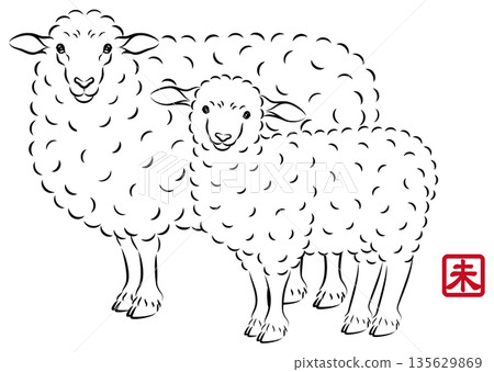 一幅描繪美麗母子羊的插圖，母子倆眼神溫柔。風格別緻的新年賀卡素材，水墨畫風格。向量圖。 135629869