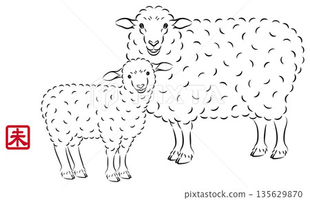 一幅描繪美麗母子羊的插圖，母子倆眼神溫柔。風格別緻的新年賀卡素材，水墨畫風格。向量圖。 135629870