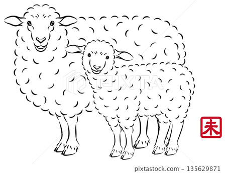 一幅描繪美麗母子羊的插圖，母子倆眼神溫柔。風格別緻的新年賀卡素材，水墨畫風格。向量圖。 135629871