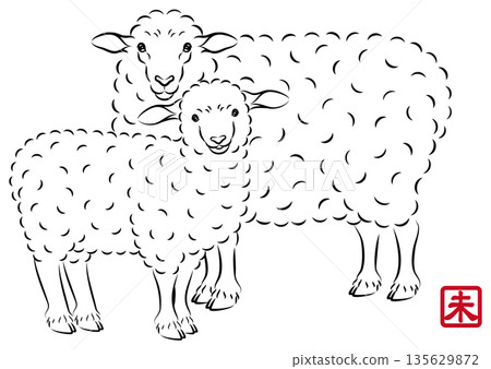 一幅描繪美麗母子羊的插圖，母子倆眼神溫柔。風格別緻的新年賀卡素材，水墨畫風格。向量圖。 135629872