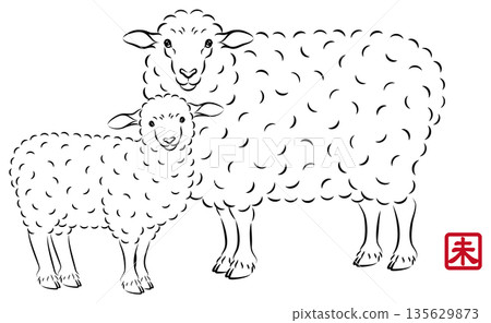 Illustration of a beautiful sheep parent and child with gentle eyes. Stylish New Year's card material in sumi-e style. Vector Illustration of a beautiful sheep parent and child with gentle eyes. Stylish New Year's card material in sumi-e style. Vector 135629873
