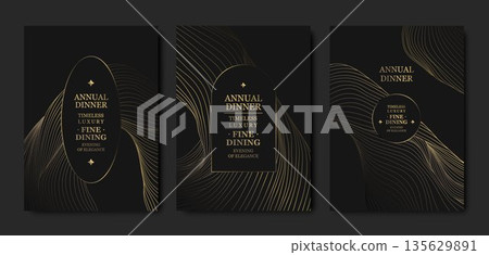 Premium set of elegant gold line invitations, patterns, abstract waves. Luxury vector design for gala VIP cards, awards, certificates, and business or wedding templates. 135629891