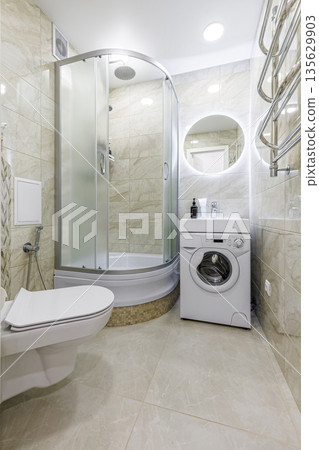 Full view of a modern compact bathroom with shower, toilet, and laundry Full view of a modern compact bathroom with shower, toilet, and laundry 135629903