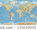 World map showing tectonic plates and fault lines with geographical features and oceanic regions 135630035