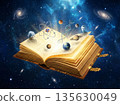 Open book with glowing pages and cosmic elements, planets, and scientific symbols in space 135630049