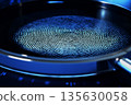 Close-up of fingerprint on glass surface with blue lighting and digital interface background 135630058