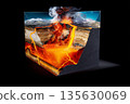 3D illustration of volcanic eruption showing lava flow and geological layers in dramatic detail 135630069