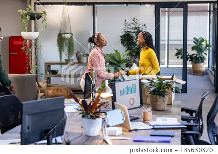 Celebrating successful collaboration, African American women shaking hands in modern office 135630320