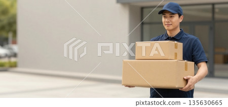 Stacked cardboard parcel boxes on clean studio background for delivery logistics ecommerce and warehouse concept 135630665