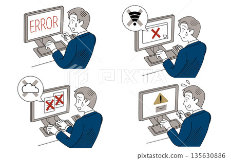 Illustration set of businessmen having trouble with system errors and communication problems Illustration set of businessmen having trouble with system errors and communication problems 135630886