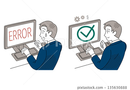 Illustration of a businessman contrasting system error and solution Illustration of a businessman contrasting system error and solution 135630888