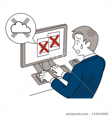 Illustration of a businessman who is unable to use documents due to a cloud outage 135630893