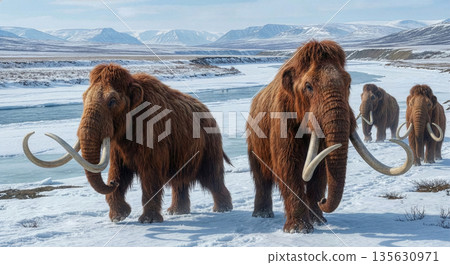 Herd of dinosaurs, magnificent natural riverside, 3DCG illustration, realistic, paleontology 135630971