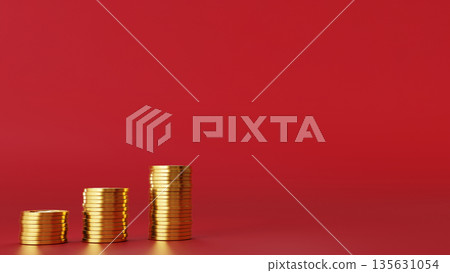 Gold coins on the left and white space on the right of a red background. Image of aggressive investment, financial luck, and economic growth. Gold coins on the left and white space on the right of a red background. Image of aggressive investment, financial luck, and economic growth. 135631054