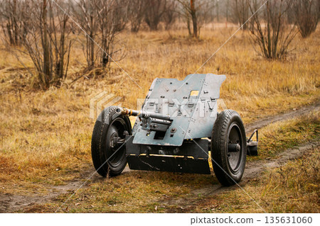 German Anti-tank Gun In Field. German Anti-tank Gun That Fired A 3.7 Cm Calibre Shell. It Was Main Anti-tank Weapon Of Wehrmacht Infantry Units Until Mid-1941 135631060
