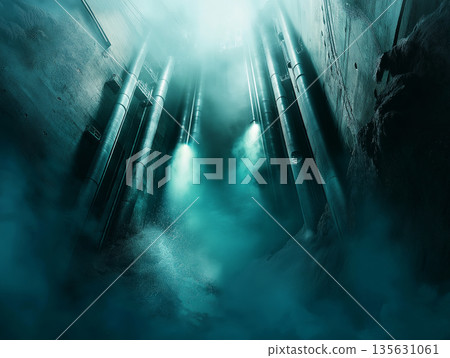 Realistic depiction of a devastated nuclear reactor core, with molten uranium rods glowing an intense blue-green Realistic depiction of a devastated nuclear reactor core, with molten uranium rods glowing an intense blue-green 135631061