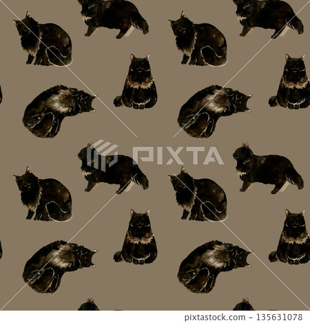 黑色長毛貓無縫圖案。手繪水彩插畫背景素材，適用於動物和寵物。 135631078