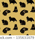 Seamless pattern of black long-haired cats. Hand-drawn watercolor illustration background material for animals and pets. 135631079