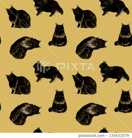 Seamless pattern of black long-haired cats. Hand-drawn watercolor illustration background material for animals and pets. 135631079