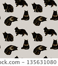 Seamless pattern of black long-haired cats. Hand-drawn watercolor illustration background material for animals and pets. 135631080
