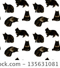 Seamless pattern of black long-haired cats. Hand-drawn watercolor illustration background material for animals and pets. 135631081