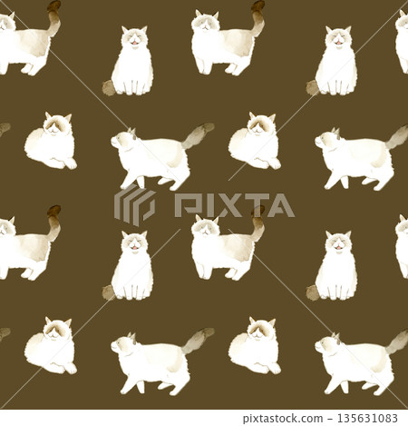 Bicolor Ragdoll Seamless Pattern - Animal and Pet Hand-Drawn Watercolor Illustration Background Material 135631083