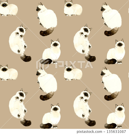 Seamless pattern of long-haired cats in point colors. Hand-drawn watercolor illustration background material for animals and pets. Seamless pattern of long-haired cats in point colors. Hand-drawn watercolor illustration background material for animals and pets. 135631087