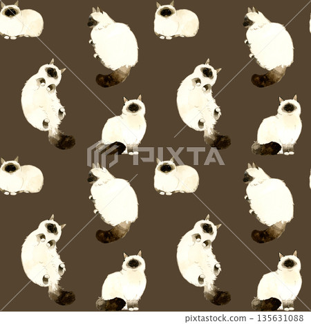 長毛貓圖案，重點色，無縫拼接。手繪水彩插畫背景素材，適用於動物和寵物主題。 135631088