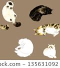 Seamless pattern of sleeping and relaxing long-haired cats. Hand-drawn watercolor illustration background material for animals and pets. 135631092
