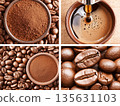 Coffee making process featuring ground coffee, brewed espresso 135631103