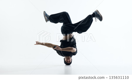 Breakdance head supported freeze with extended limbs isolated on white background. Breakdance head supported freeze with extended limbs isolated on white background. 135631110