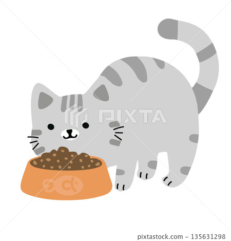 Cute Cat Eating From Bowl Illustration 135631298
