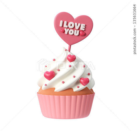 Cute Pink Cupcakes with I Love You 3D Illustration for Valentine's Day or Wedding Cute Pink Cupcakes with I Love You 3D Illustration for Valentine's Day or Wedding 135631664